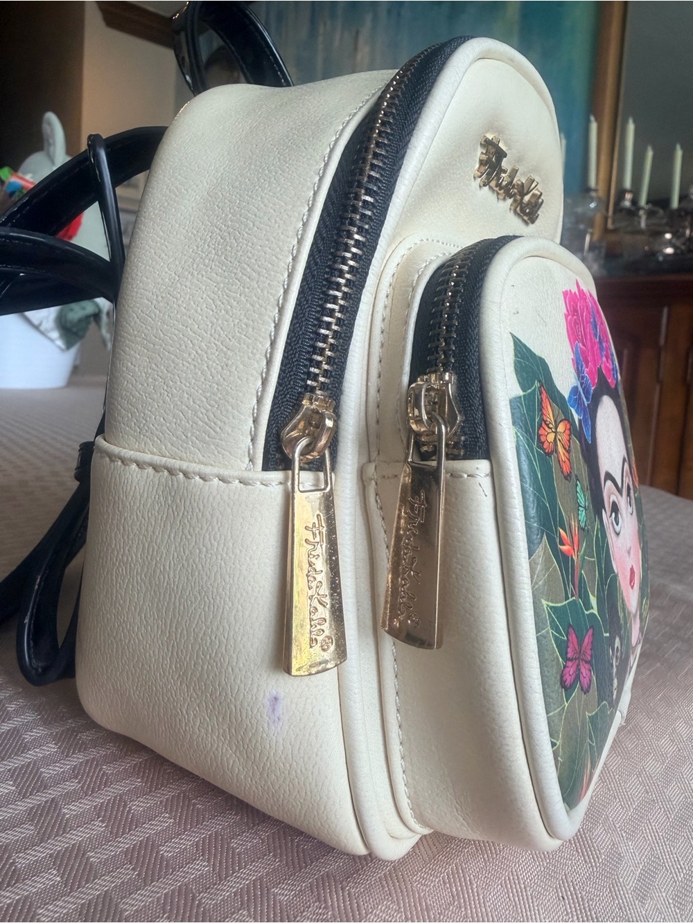 Frida Kahlo Cream Mini Backpack with Colorful Portrait Print - Picture 9 of 13